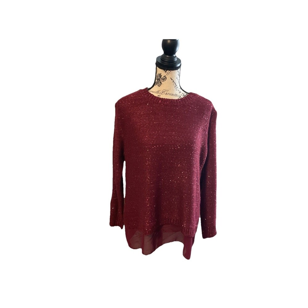 Simply Couture Maroon Sweater Button Accent Size Small Sequin Glam Holiday Luxe